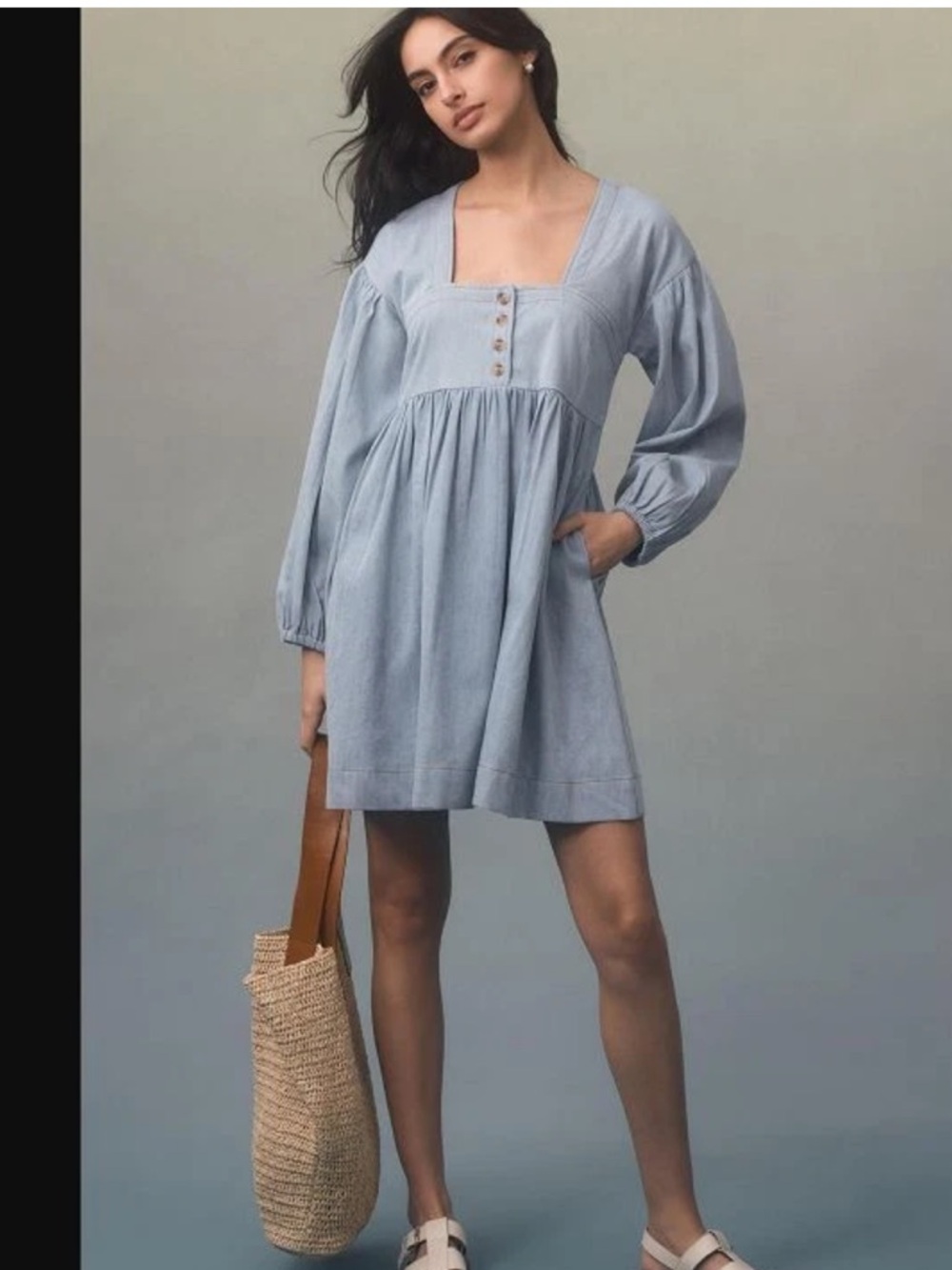 Anthropologie Pale Blue Denim Cotton Square-Neck Babydoll Dress Size XL